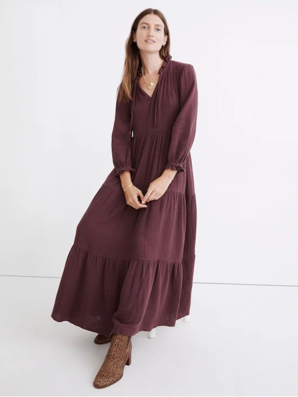Madewell Lightspun Tie-Neck Tiered Midi Dress Dark Fig Size Large